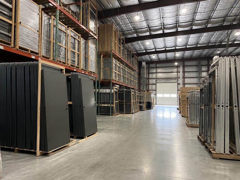 Rows of hollow metal doors and steel frames staged in a large commercial door distributor warehouse