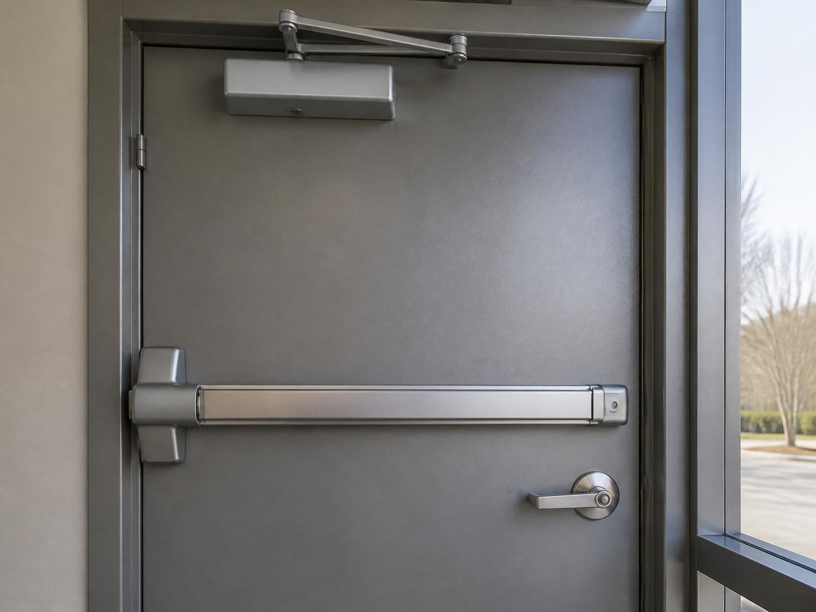 Exit device and closer hardware on a commercial door