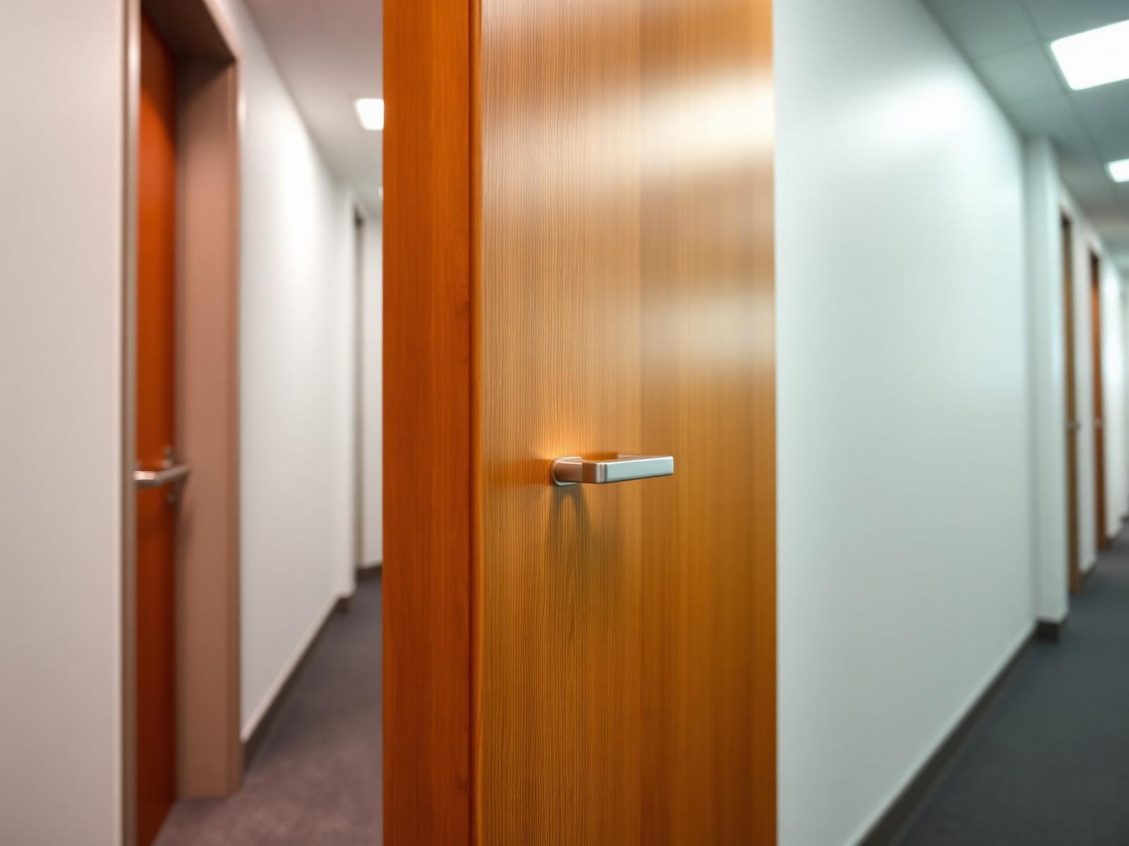 Prefinished wood door in an office interior opening